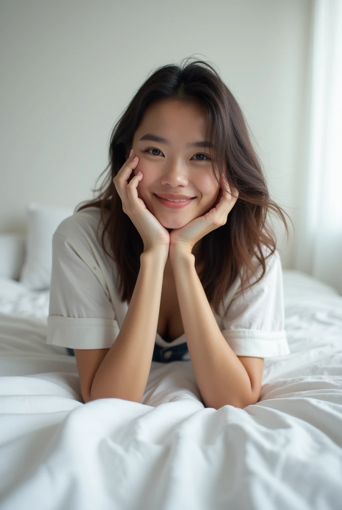 brunette, smile, physique: smallest belly ever, flat chest, skinny face, white wall, no decoration, jean shorts, white shirt, lying on bed, looking smiling at camera