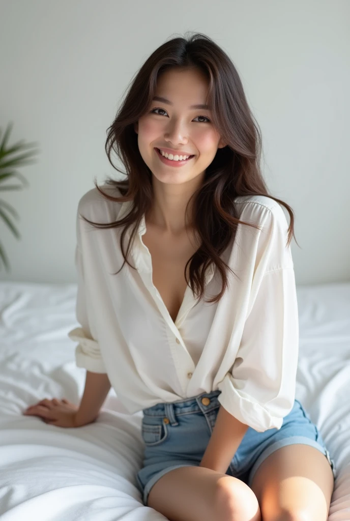 brunette, smile, physique: smallest belly ever, flat chest, skinny face, white wall, no decoration, jean shorts, white shirt, lying on bed, looking smiling at camera
