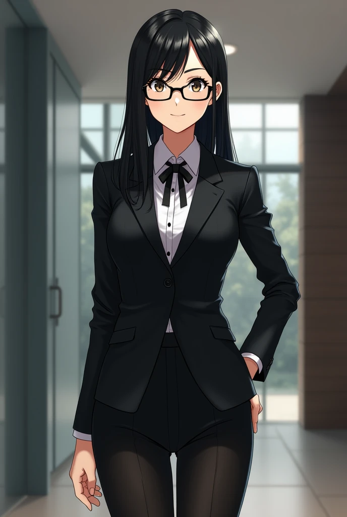 Black suit, glasses, Japanese, 20s, anime-like, older sister look, company background, a little distance, black tights