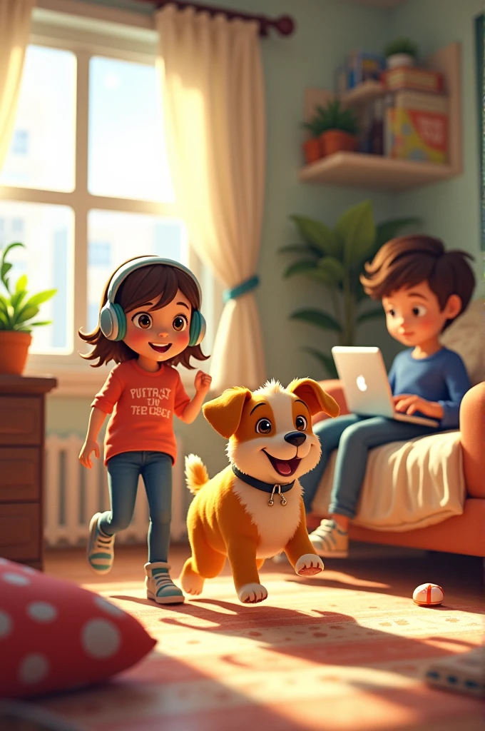 The boofer is running in the room, the girl is on the bed, the daughter is listening to a song and the boy is working on the laptop