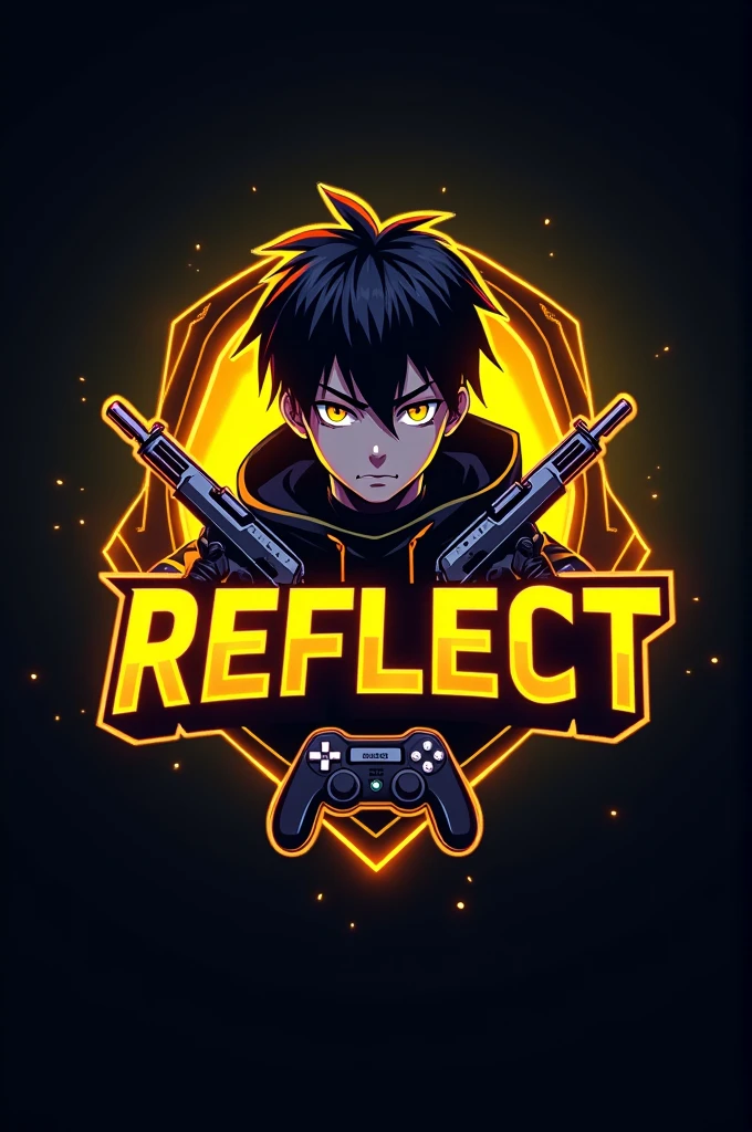 This is a gaming logo that features the name "REFLECT" in a futuristic font and a neon Golden color. and Boy Anime avtar, The logo also has a stylized guns and controller icon. The logo is designed to be attractive and eye-catching, and to appeal to gaming enthusiasts.