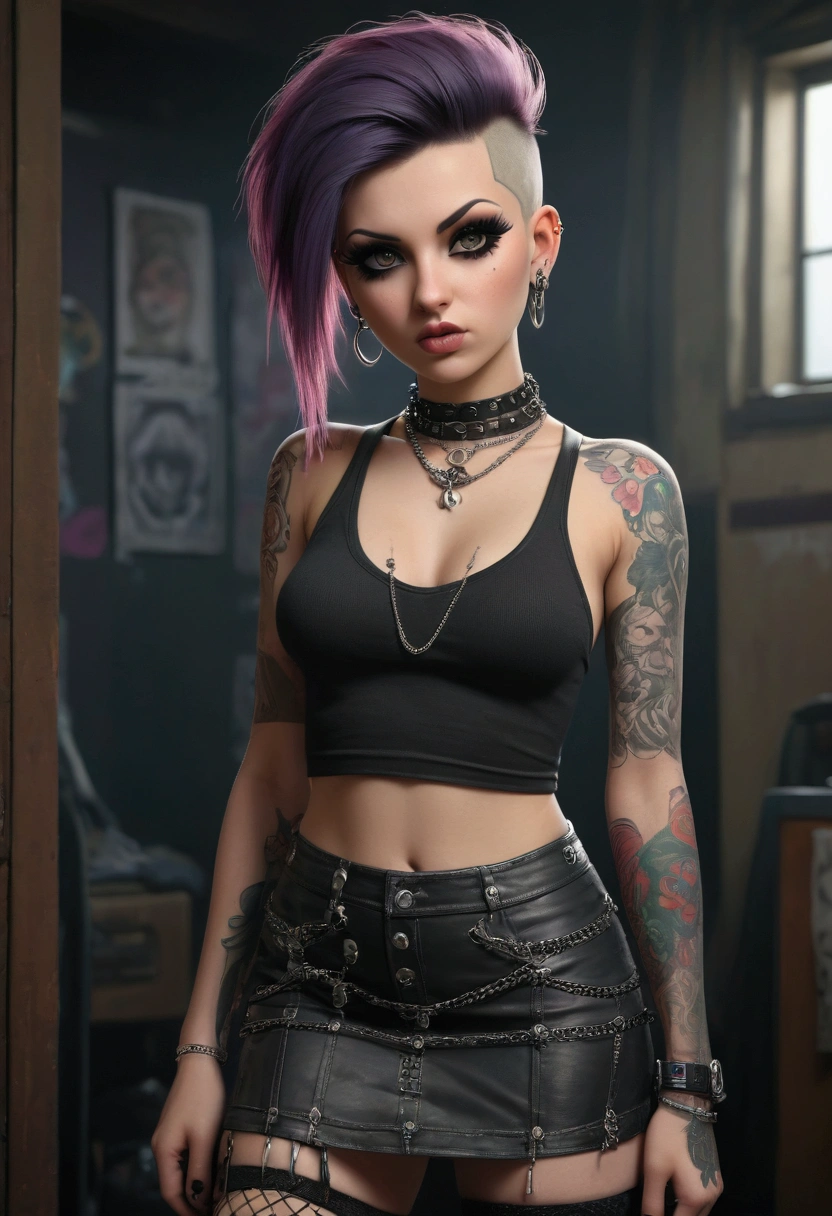 a sexy punk girl with a shaved vulva, nipple piercings, and a visible anus, wearing a mini-skirt, 1girl, detailed face, beautiful detailed eyes, beautiful detailed lips, extremely detailed eyes and face, long eyelashes, shaved vulva, nipple piercings, visible anus, mini skirt, punk style, fishnets, tattoos, dark makeup, dark clothing, grungy, moody lighting, dark shadows, dramatic contrast, photorealistic, 8k, ultra-detailed, hyper-realistic, masterpiece