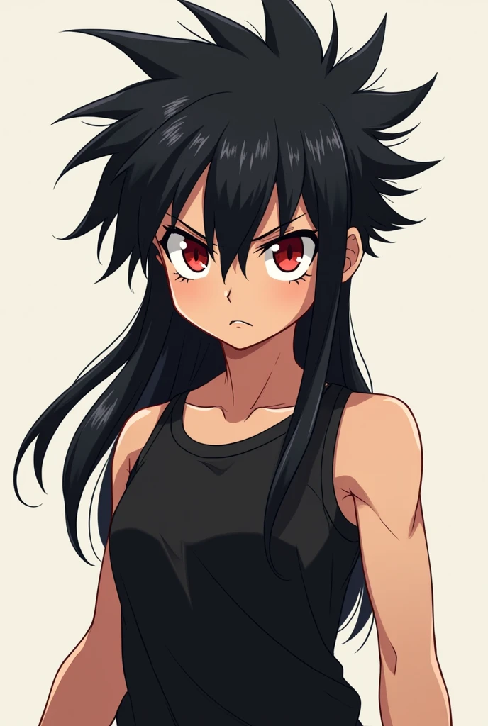 Child girl anime  with spiky black long hair and eye red,her clothes is black with and she's personality agressive,and physical athletic,she's dont' have breast
