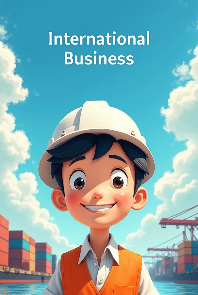 Hello, I want a picture of a cute international businessman, young, Happy and smiling,with big eyes and short hair, Studio Ghibli themed. In the background there is a blue circular watercolor with clouds, the port in the background with containers and a text above that says International business. More lively and with an orange safety vest and white helmet, make it more Ghibli style