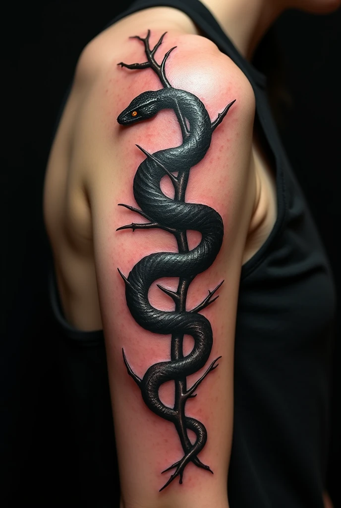 A tattoo on the collarbone of a snake descending a branch with thorns