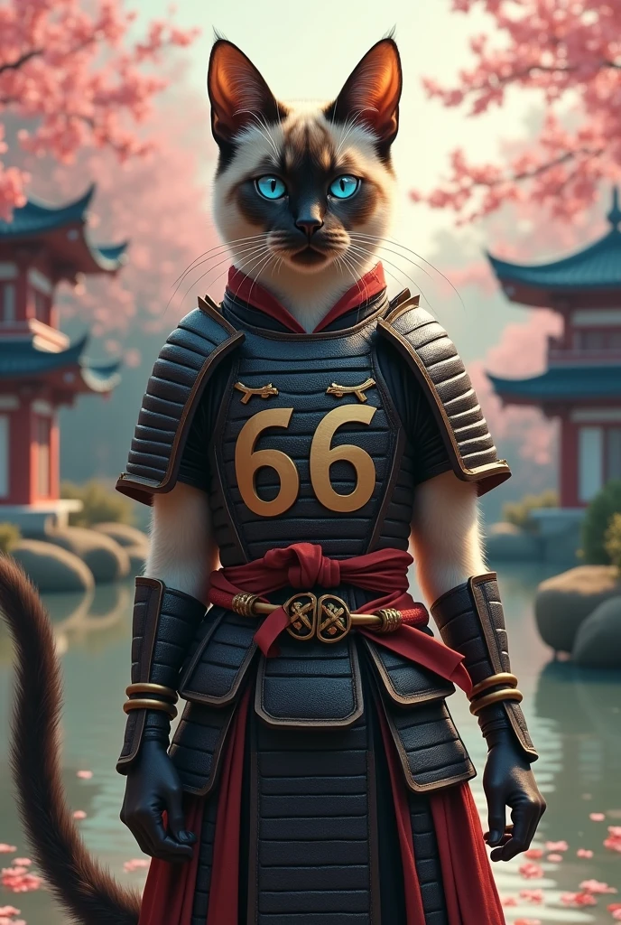 Samurai cat siamese with the number 66