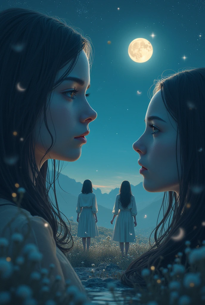 dreamscapes, night sky, blue sky, wandering people, beautiful detailed eyes, beautiful detailed lips, extremely detailed eyes and face, long eyelashes, surreal, fantasy, glowing stars, full moon, ethereal, soft lighting, cinematic, muted colors, moody atmosphere, peaceful, contemplative