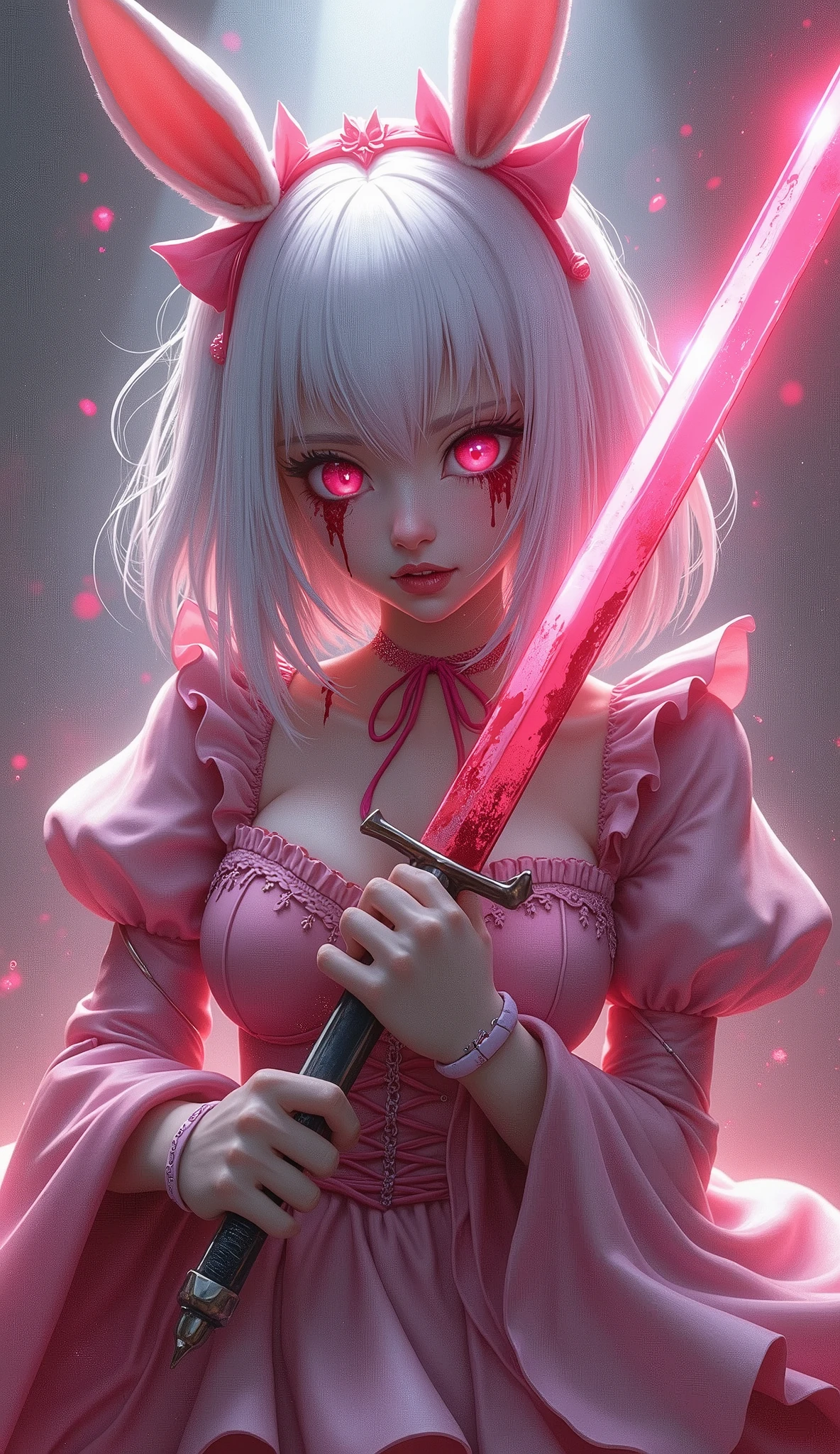 anime girl, white hair, white bunny ears, pink eyes, and pink fighting with a pink sword and angry all covered in blood maid outfit with huge busts, high quality, (RAW photo, best quality), (realistic, photorealistic: 1.4), (extremely delicate and beautiful: 1.4), amazing, fine details, masterpiece, ultra detailed, high resolution, best illustration, best shadow, intricate, ( extremely intricate: 1.2), (exquisitely detailed skin), cinematic light, perfect anatomy, (cool color: 1.4), sharp focus, 8k UHD, DSLR, (Fujifilm XT3),Epic Fantasy Art Style HD, 4K fantasy art, epic fantasy digital art style, epic fantasy art style, Fantasy Woman, epic fantasy art portrait, Epic fantasy style, hyperrealistic fantasy art, hd fantasy art, Epic fantasy character art, epic fantasy art, in style of dark fantasy art, epic fantasy digital art, blood dripping from eyes,