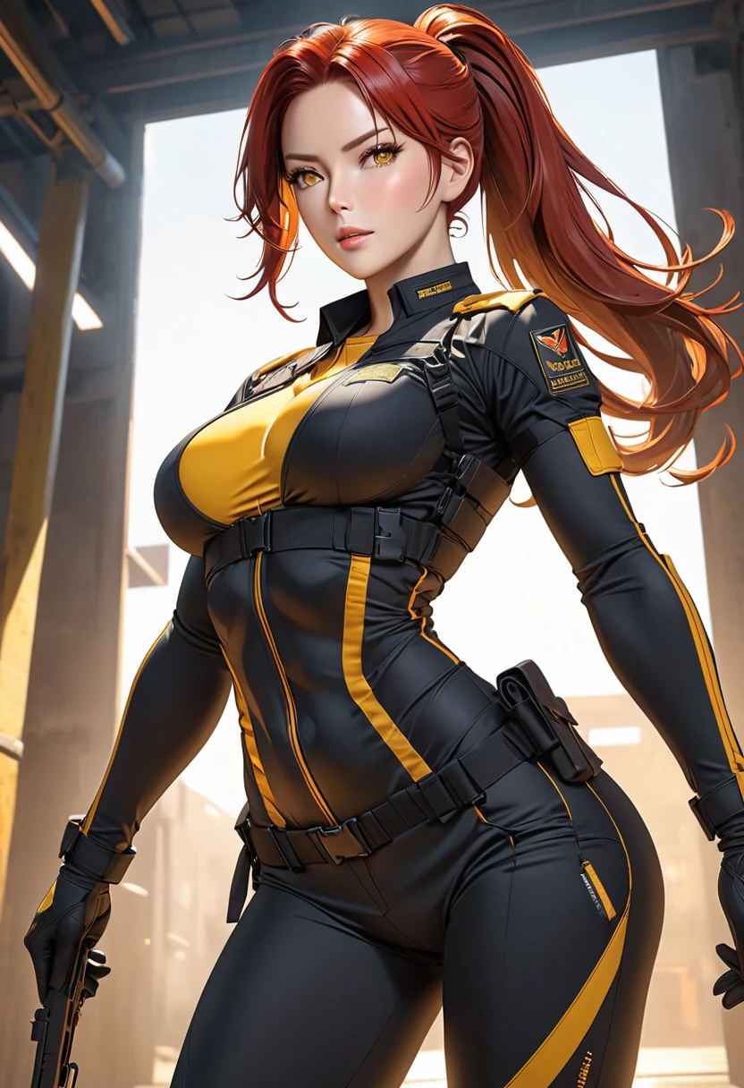 Young Orc Female, Orange Long Hair, Black Eye, Pilot Hat, Vault Jumpsuit, Golden City Theme, Romance Emotion mood, Shy, 3D, Realistic, HDR, HD, Background, RTX, 2K, Masterpiece.