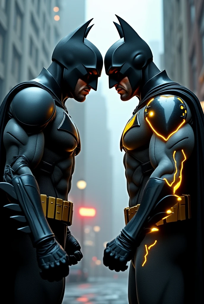 A man with dangerous suit armed with yellow strip light on suit fighting with batman