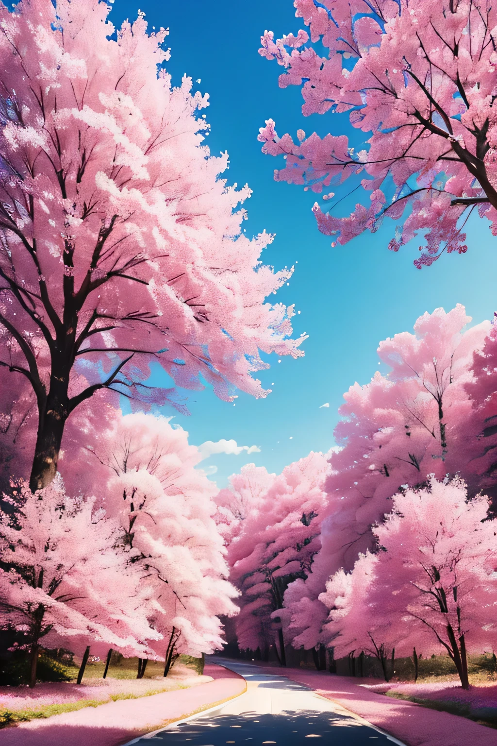 There is a road with lots of pink flowers in bloom., pink forest 속에, pink forest, cherry forest, color of dreams, pink landscape, Magical colors and atmosphere, pink tree, Cotton candy tree, dreamy scenery, Get lost in a dreamy fairytale landscape , beautiful digital painting, A breathtakingly beautiful tree, A breathtakingly beautiful tree, Surreal colors