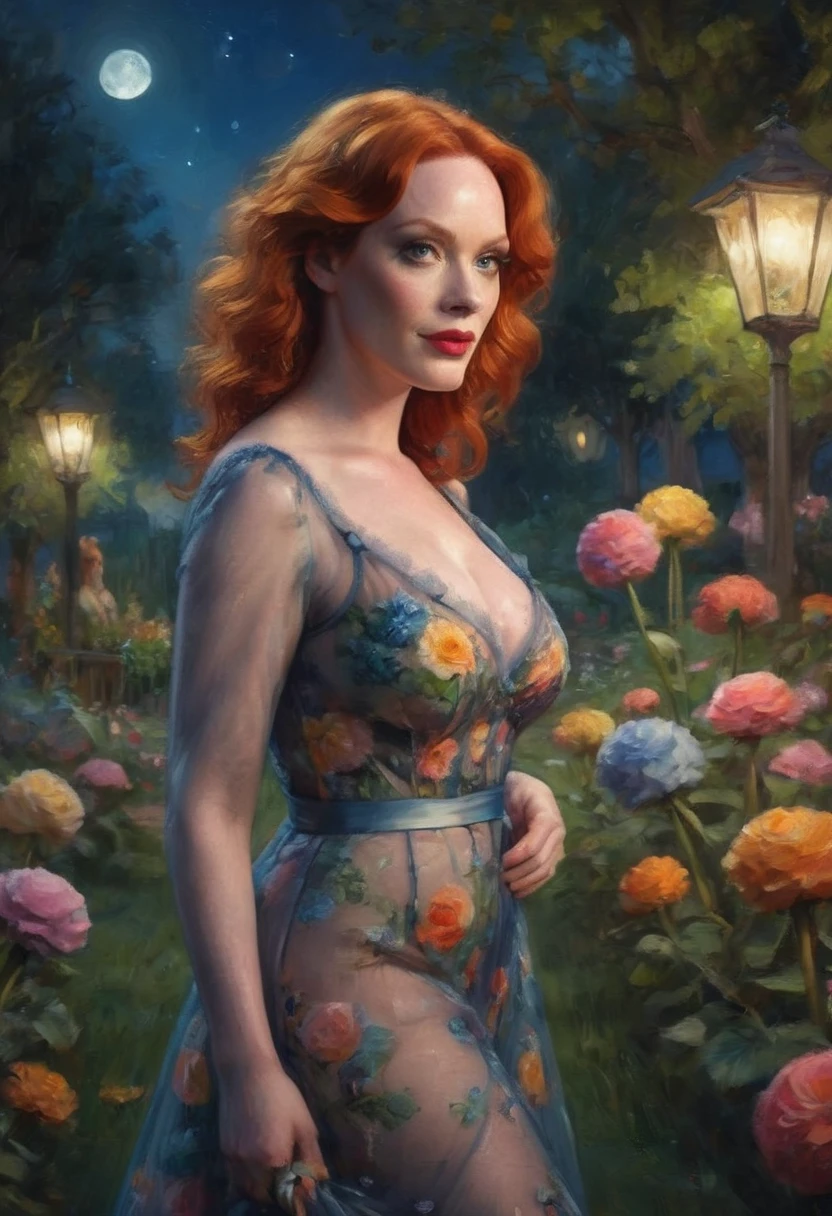 a detailed photo of Christina Rene Hendricks in a sheer colorful gown without underwear, strolling through a candy land garden in full bloom on a moonlit night, sultry poses, mainly viewed from behind, best quality,4k,8k,highres,masterpiece:1.2,ultra-detailed,realistic,photo-realistic:1.37,HDR,UHD,studio lighting,ultra-fine painting,sharp focus,physically-based rendering,extreme detail description,professional,vivid colors,bokeh,portrait
