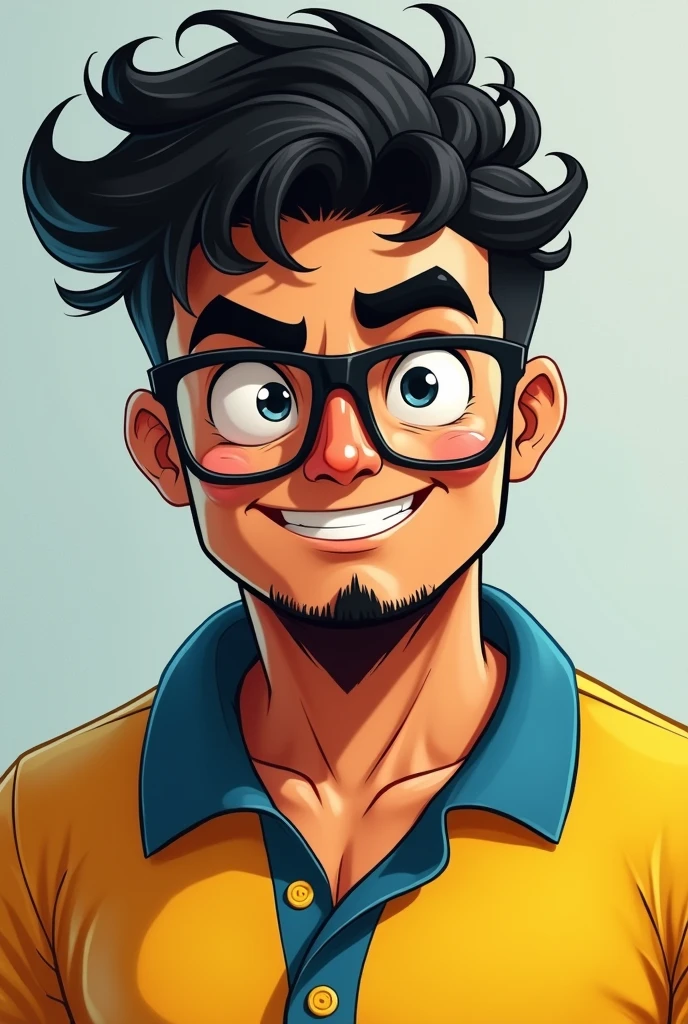 grown-up, a little muscular and robust, naughty man, Youngh, goatee, short black curly hair, square glasses, round face yellow polo shirt with blue collar