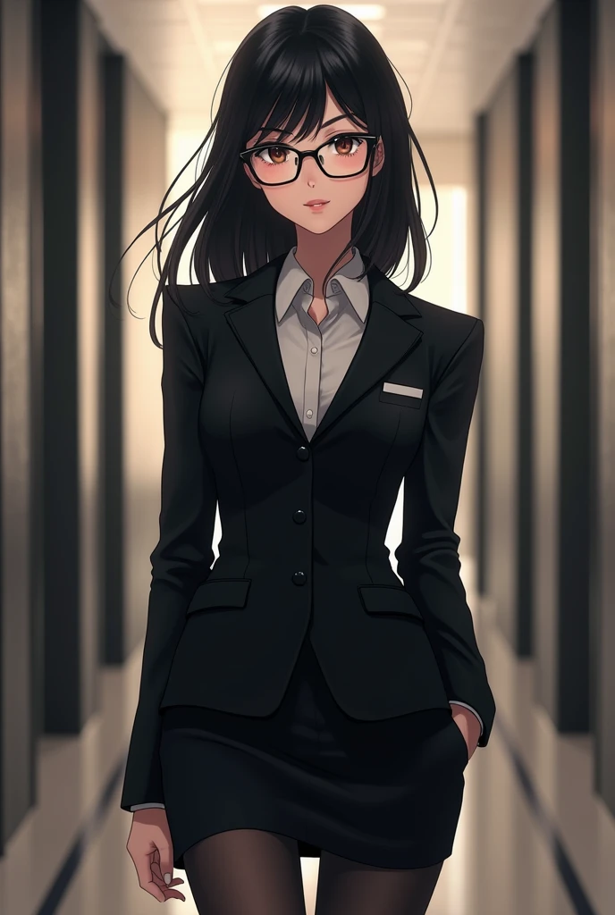 Black suit, glasses, Japanese, 20s, anime-like, older sister look, company background, a little distance, black tights
