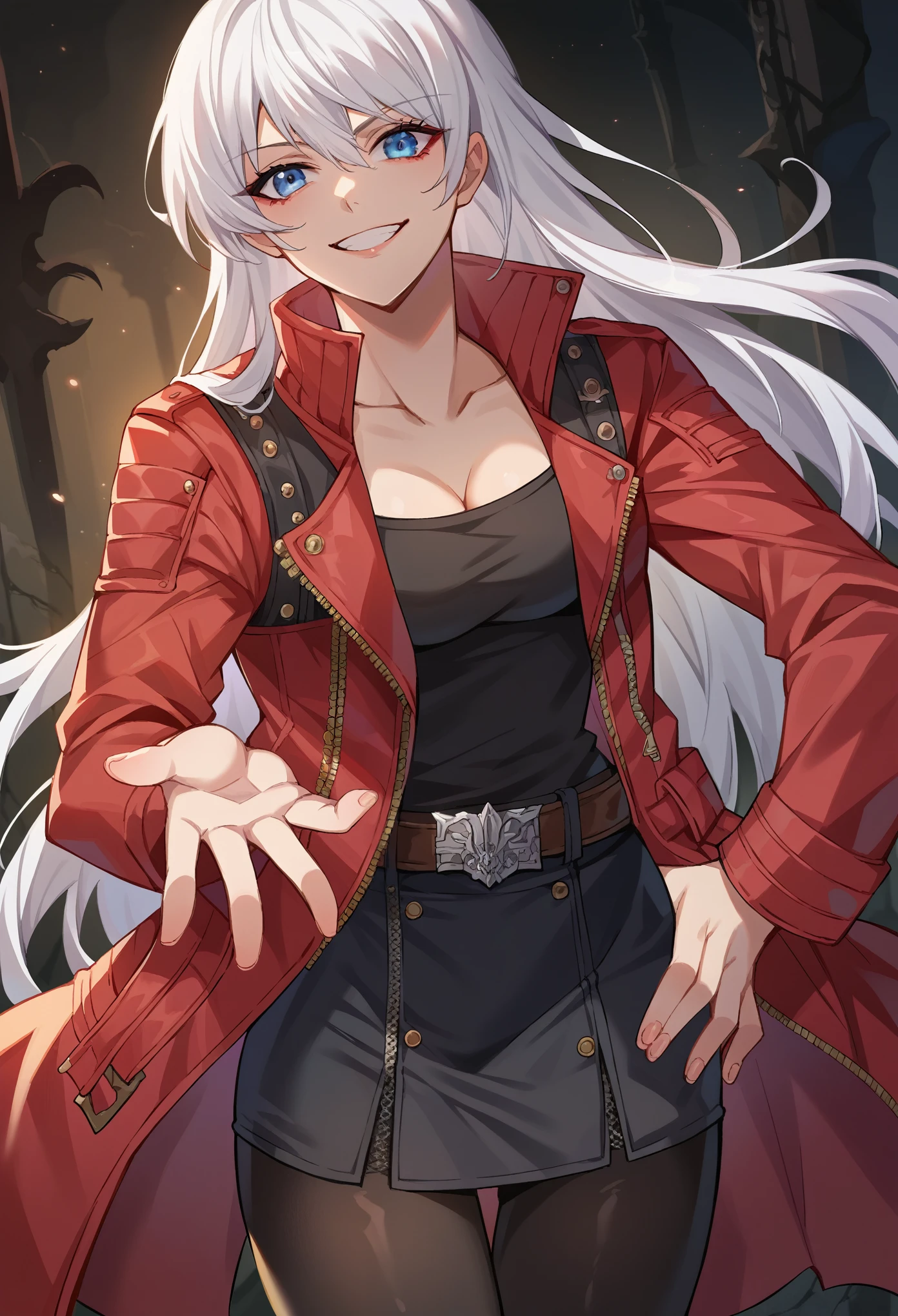 score_9, score_8_up, score_7_up, 1girl, solo, adult,female focus,dmc3dante, white hair, long hair, blue eyes, red jacket, black jacket, black shirt, black skirt, short skirt, black pantyhoses, open clothes, opened shirt, cleavage, standing, belt, smile, looking at you, hell, desolated place,