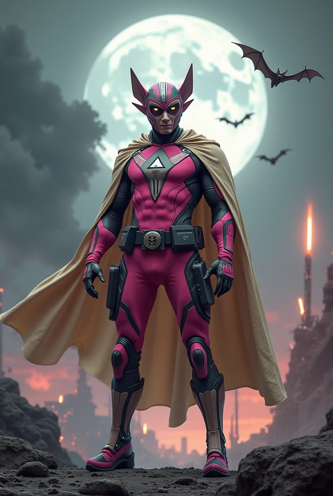 high-tech suit, vivid effects, malaysian superhero (KELUANG MAN) in a striking pink and beige costume cyberpunk design, mask small mini bat ear beige, daredevil biage mask, jumpsuit dark pink stands confidently in a dramatic, stormy landscape. ((Head covered node guard like batman , athletic body type, small mini ear bat mask))The character wears domino mask a helmet with pointed mini torn ears and a flowing cape biege, open nose and mouth. Equipped with visible futuristic weapons on a belt,bullet proof jacket pink dark day, dark night, big supermoon effect .logo on chest triangle shape small punisher logo center triangle cyber logo center on chest pink logo mini logo . rocky. Building top.smoke ground , bomb effect background, adding to --ar 3:4 --style raw --stylize 500 --v 6.1. chaos. Lot of small flying bat .