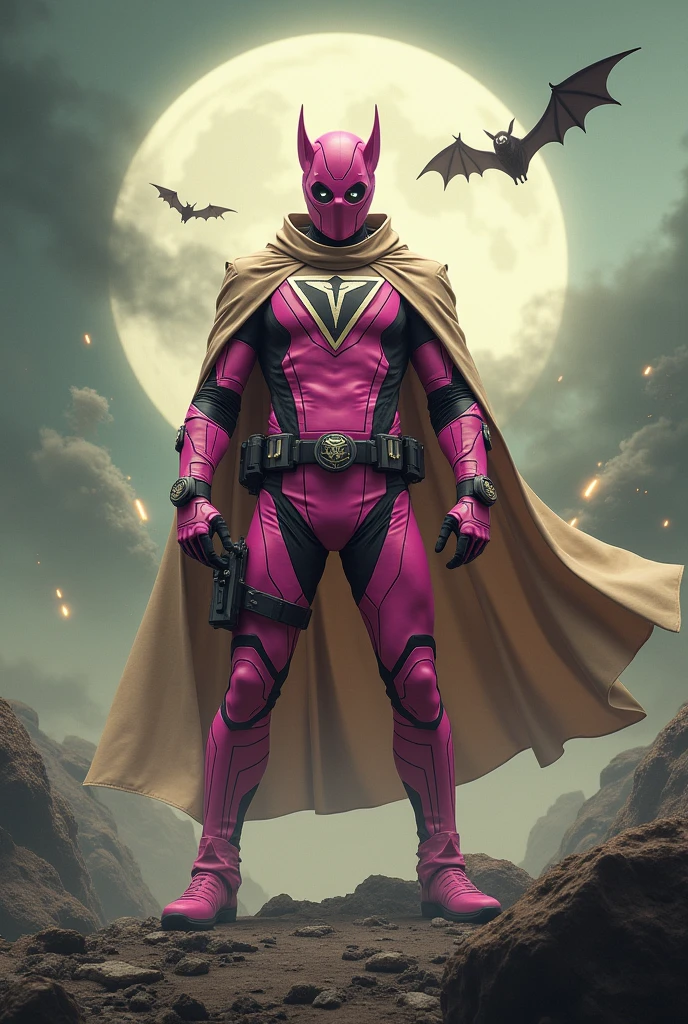 high-tech suit, vivid effects, malaysian superhero (KELUANG MAN) in a striking pink and beige costume cyberpunk design, mask small mini bat ear beige, daredevil biage mask, jumpsuit dark pink stands confidently in a dramatic, stormy landscape. ((Head covered node guard like batman , athletic body type, small mini ear bat mask))The character wears domino mask a helmet with pointed mini torn ears and a flowing cape biege, open nose and mouth. Equipped with visible futuristic weapons on a belt,bullet proof jacket pink dark day, dark night, big supermoon effect .logo on chest triangle shape small punisher logo center triangle cyber logo center on chest pink logo mini logo . rocky. Building top.smoke ground , bomb effect background, adding to --ar 3:4 --style raw --stylize 500 --v 6.1. chaos. Lot of small flying bat .