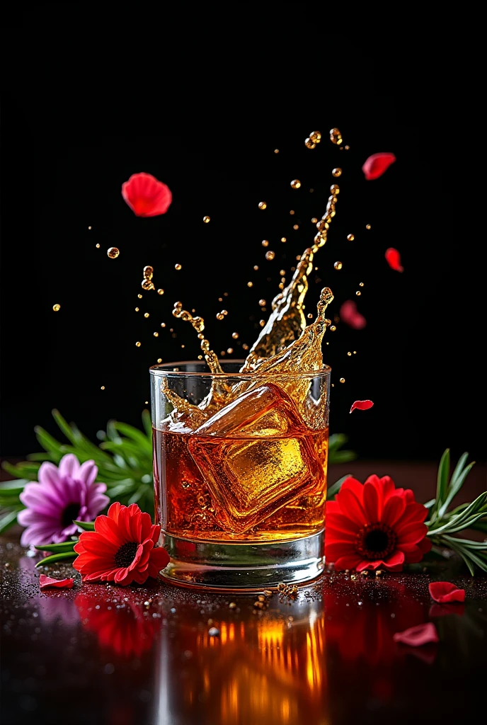 (Movie-like photos:1.3) of (Realistic:1.3) a studio shot of a (explode:0.2) (Low gravity of fruit:1.1) (Splash:0.9) a Rock glass of ウィスキー with harbs、Contains , Splash Image, Full Color, In Kamba, splashes of liquid, Drink, flower, Next to lemon and and flower, Strong colors, ticker, Invoking joy, Water swirls, Fred Marcellin, Top selection when splash is removed, professional food photography, Artistic photography. Black background,Red and purple flowers on the table、rosemary、Herbs fly、Sparkling ice in a glass,Round ice in a glass、Flowers in a glass,Fantasy,steampunk、A bottle of whiskey is beside it,The ice is round、Petals fluttering、splash、No orange,Whisky on the Rocks,Clear whiskey、A big ice cube in the glass1indivual,Herbs fly、Flowers in a glassとrosemary、