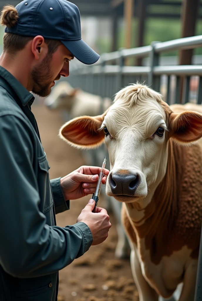 Livestock handling scene with good practices, how to use disposable needles