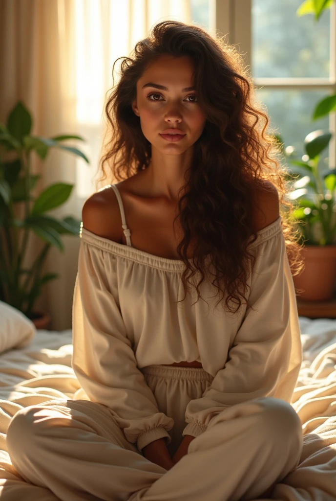 (photorealism:1.2), beautiful woman, sitting on bed, wearing loose off-shoulder top, pajama pants, long curly hair, indoors, soft lighting, plants in background, window with sunlight, cozy room, relaxed pose, realistic, intricate details, warm colors, by Greg Rutkowski, by Alphonse Mucha