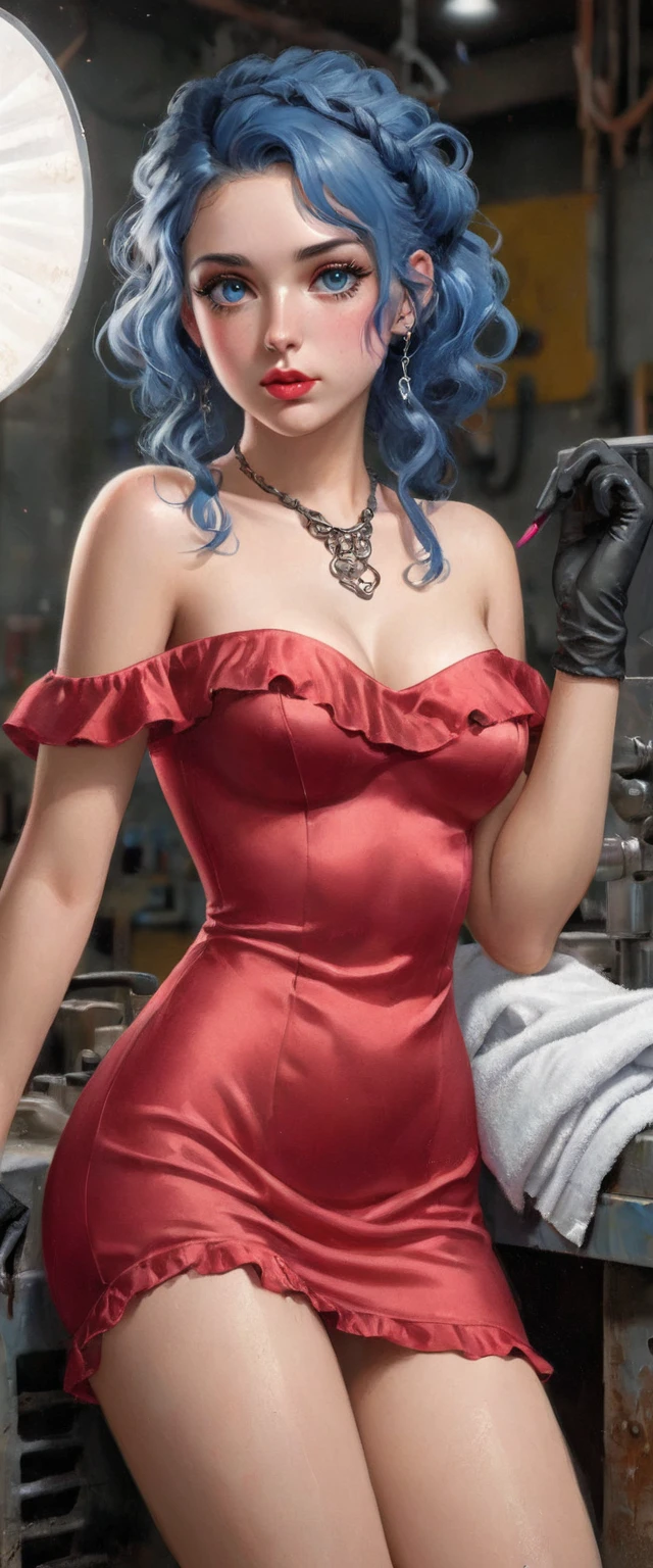 (Full body:1.5),(Masterpiece, professional lighting, 16k, 8k wallpaper, raw p(Masterpiece, professional lighting, 16k, 8k wallpaper, raw photo, photorealistic:1.8, ultra detailed, soft natural lighting, detailed skin, detailed face, detailed eyes, textured skin, ),((ultra realistic))) Photo, masterpiece, high quality, (Ultra detailed face and eyes:1.0),( chest:1.1), (2 woman), ((1beautiful girl), ((intense eye makeup, pink mascara)), ((finely detailed lips), ((bright red and well-defined eyes)), ((wavy blue hair)), ((elegant hairstyle)) She is dressed in a fitted red satin dress, low cut with ruffled details along the neckline and hem. The dress has a wide side slit, revealing black mesh stockings. (((Off-the-shoulder evening dress with attention to detail)), Brightly coloured costumes, ruffled trim, high heels braided, a necklace, glamour accessories, hoto, photorealistic:1.8, ultra detailed, soft natural lighting, skin detailed, face detailed, Detailed eyes, textured skin),((ultra realistic))) Photo, masterpiece, top quality, (Face and eyes ultra detailed:1.0), (2 female), (1 beautiful girl), ((thick eye makeup, pink mascara)), ((finely detailed lips), ( with bright lipstick and well defined eyes),((wavy blue hair)), (elegant hairstyle), She is dressed mechanic gloves, (dirty tank top), spotted tank top, diaphragm, white bandana, mechanic pants, Loose pants, workshop, (sweaty), lean, towel around neck, black thong lines, ripped pants, legs spread