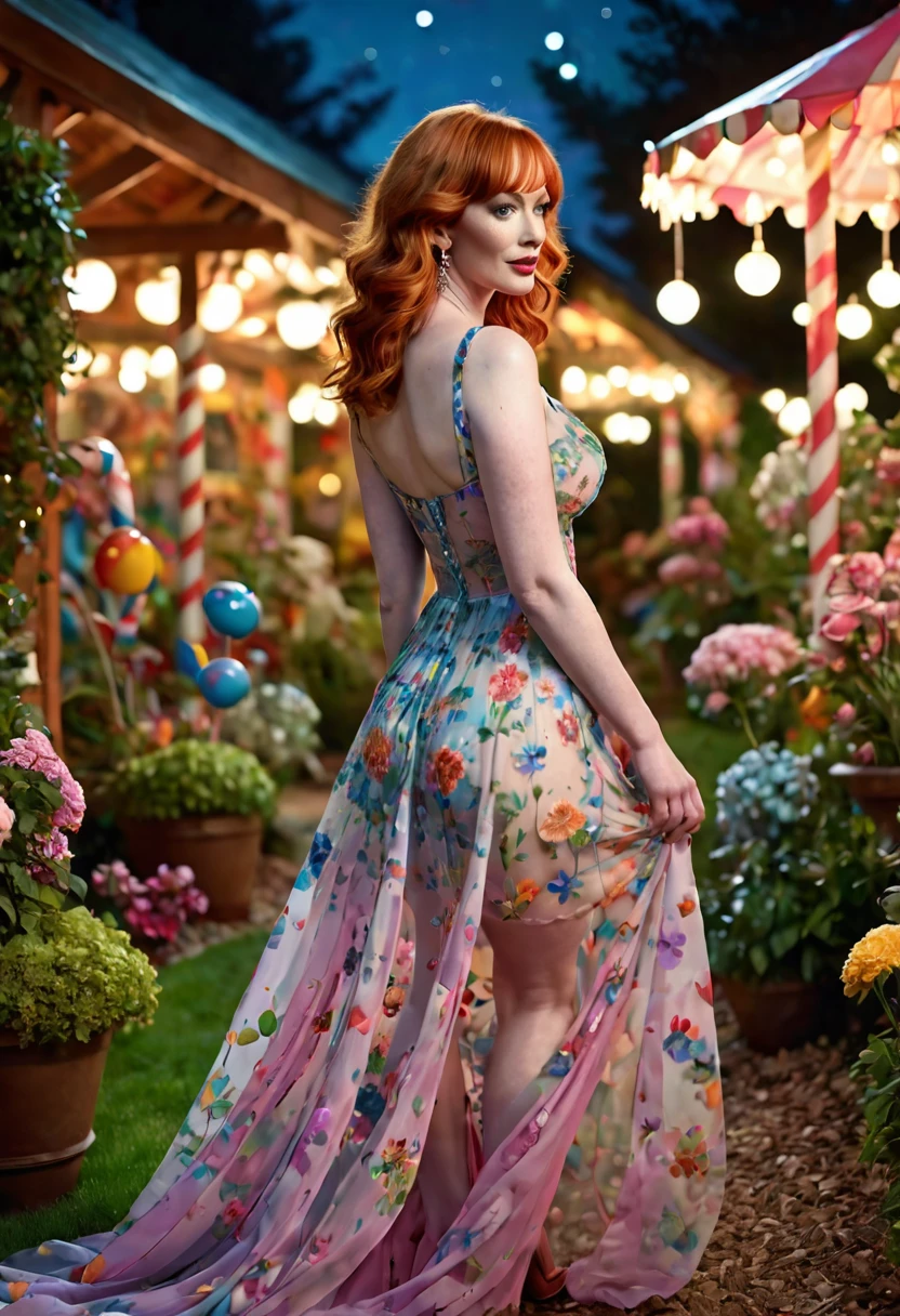 a detailed photo of Christina Rene Hendricks in a sheer colorful gown without underwear, strolling through a candy land garden in full bloom on a moonlit night, sultry poses, mainly viewed from behind, best quality,4k,8k,highres,masterpiece:1.2,ultra-detailed,realistic,photo-realistic:1.37,HDR,UHD,studio lighting,ultra-fine painting,sharp focus,physically-based rendering,extreme detail description,professional,vivid colors,bokeh,portrait
