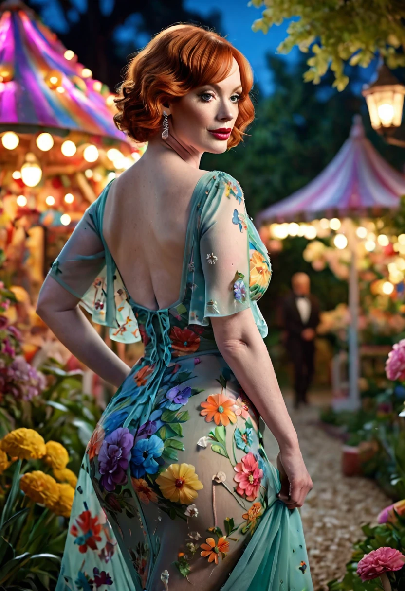 a detailed photo of Christina Rene Hendricks in a sheer colorful gown without underwear, strolling through a candy land garden in full bloom on a moonlit night, sultry poses, mainly viewed from behind, best quality,4k,8k,highres,masterpiece:1.2,ultra-detailed,realistic,photo-realistic:1.37,HDR,UHD,studio lighting,ultra-fine painting,sharp focus,physically-based rendering,extreme detail description,professional,vivid colors,bokeh,portrait
