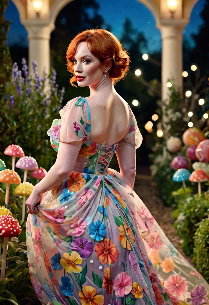 a detailed photo of Christina Rene Hendricks in a sheer colorful gown without underwear, strolling through a candy land garden in full bloom on a moonlit night, sultry poses, mainly viewed from behind, best quality,4k,8k,highres,masterpiece:1.2,ultra-detailed,realistic,photo-realistic:1.37,HDR,UHD,studio lighting,ultra-fine painting,sharp focus,physically-based rendering,extreme detail description,professional,vivid colors,bokeh,portrait
