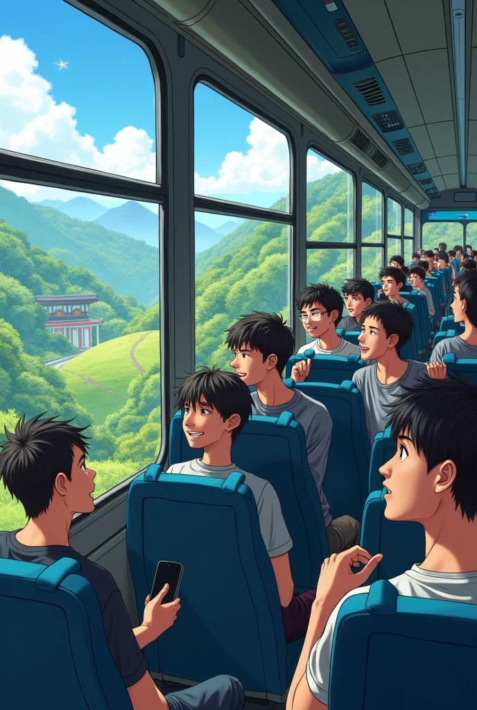 Tourist bus seats many people Japan Bus Boys in their 20s group