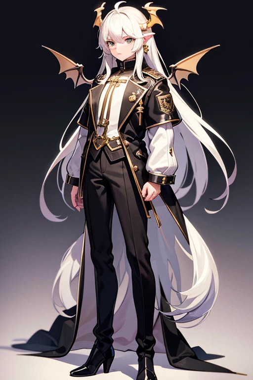 guy. a dragon dressed in a jacket with a long white sleeve and long black pants, black boots. There are gold earrings on the ears. Long hair, wings and horns, a dragon's tail. The ears are sharp. full-length, standing posture.