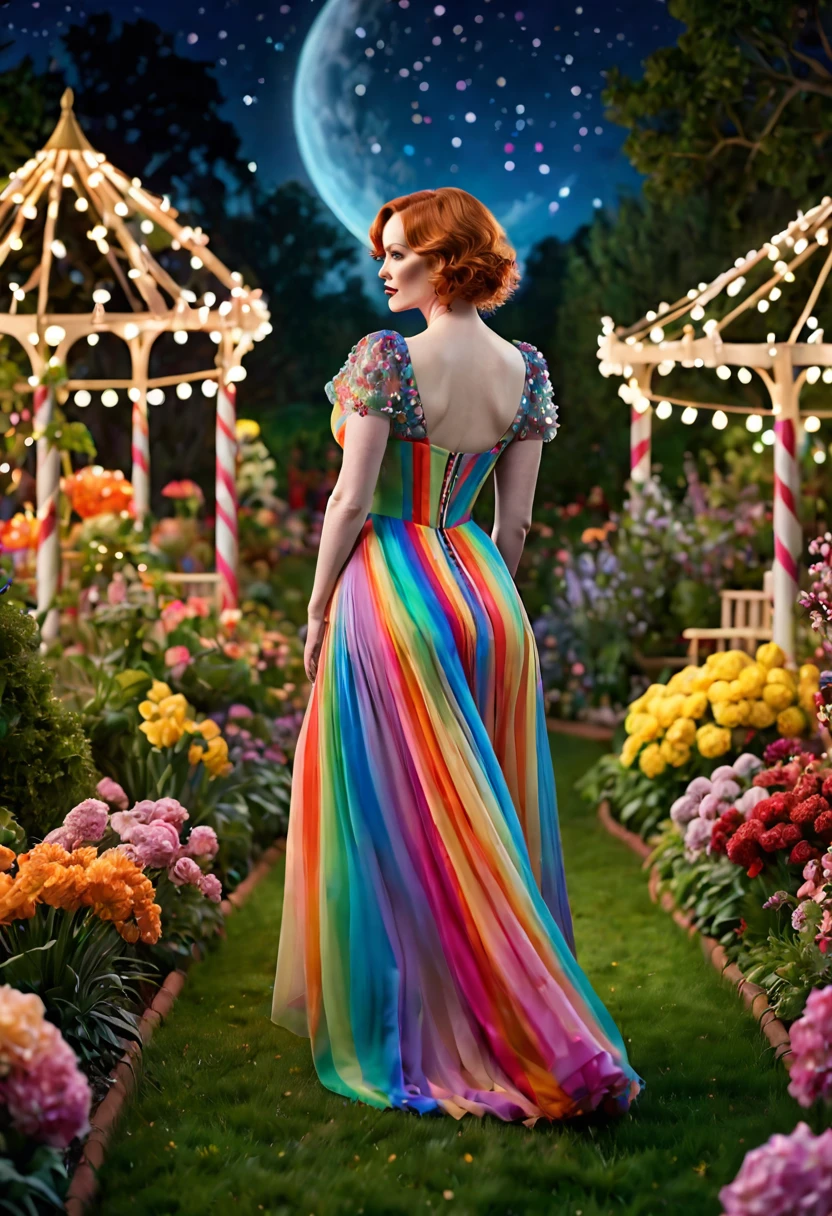 a detailed photo of Christina Rene Hendricks in a sheer colorful gown without underwear, strolling through a candy land garden in full bloom on a moonlit night, sultry poses, mainly viewed from behind, best quality,4k,8k,highres,masterpiece:1.2,ultra-detailed,realistic,photo-realistic:1.37,HDR,UHD,studio lighting,ultra-fine painting,sharp focus,physically-based rendering,extreme detail description,professional,vivid colors,bokeh,portrait