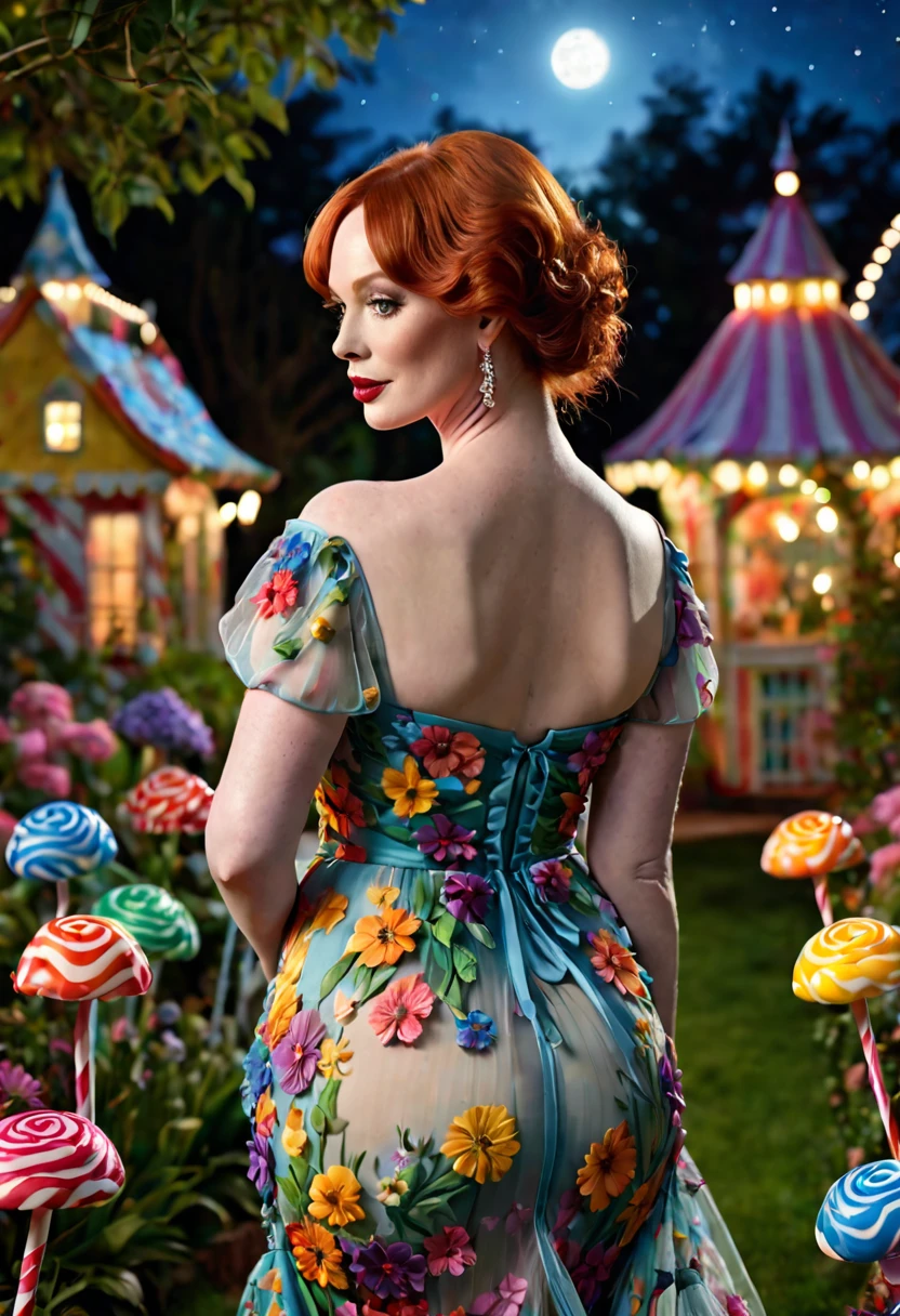 a detailed photo of Christina Rene Hendricks in a sheer colorful gown without underwear, strolling through a candy land garden in full bloom on a moonlit night, sultry poses, mainly viewed from behind, best quality,4k,8k,highres,masterpiece:1.2,ultra-detailed,realistic,photo-realistic:1.37,HDR,UHD,studio lighting,ultra-fine painting,sharp focus,physically-based rendering,extreme detail description,professional,vivid colors,bokeh,portrait