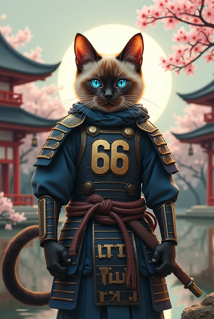 Samurai cat siamese with the number 66 
