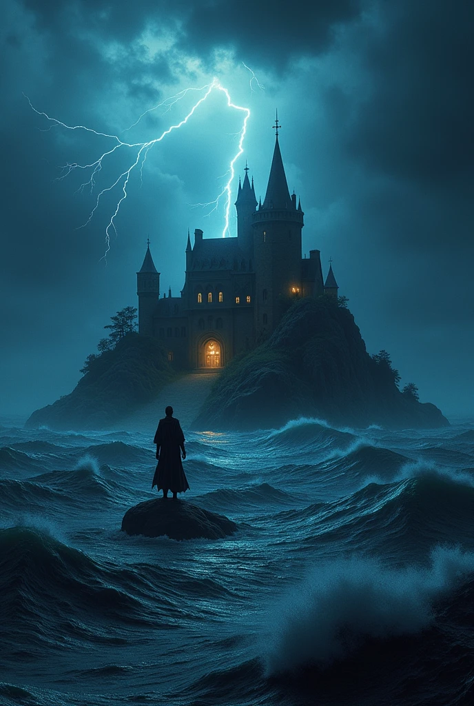 night, there is a lightning storm in the ocean. there is an island in the middle of the ocean, there is a big house with a black scarecrow on the island. And on the entrance of the house there is big logo of fulham football club. Fulham's logo above the big door and logo is very light
