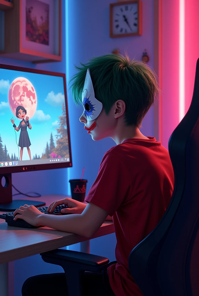 (work of art, best qualityer:1.4), (comely, aesthetics, perfect, dainty, intrikate:1.2),(best qualityer), (detailded),(A high resolution:1.2), bedroom with LED GAMER, Young boy, joker mask, Red shirt, black pants, copo, Bend, in front of the computer, computer front view