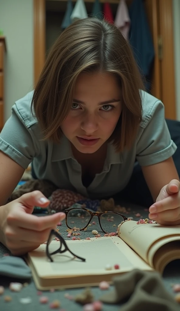 A young woman with short brown hair opens the door to her dorm room and finds a mess inside. Her belongings are scattered all over the floor and the door is open. Amidst the mess, she finds her glasses on the floor. The young woman begins to look aware of the unusual event and shows a look of shock and concern as she surveys the situation."