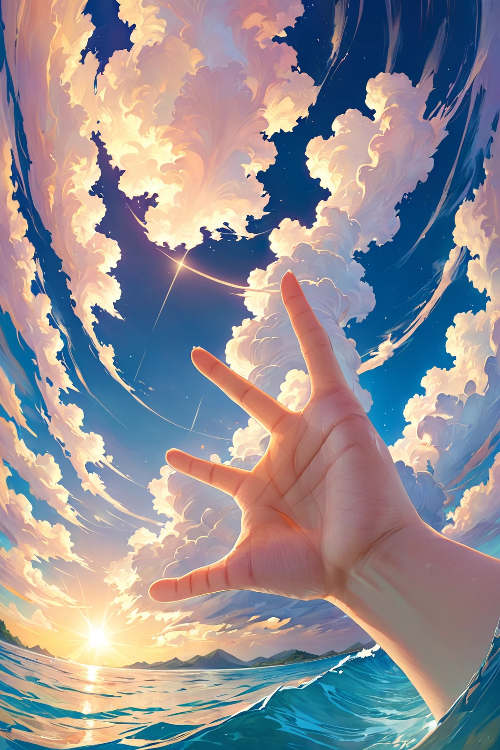 The left hand is palm facing the sky with five fingers open.