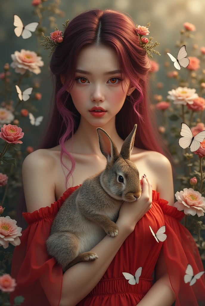 Detail, realism, 4k, , face detail, red eyes, plump lips, upturned nose, burgundyhair with pink strands, in a red dress, with a rabbit in her hands, flowers in the background, white butterflies in the foreground, realistic shooting, depth of field, soft forelight, glow, HDR (muted colors: 1.2), Canon RF 100mm F2.8L Macro IS USM
