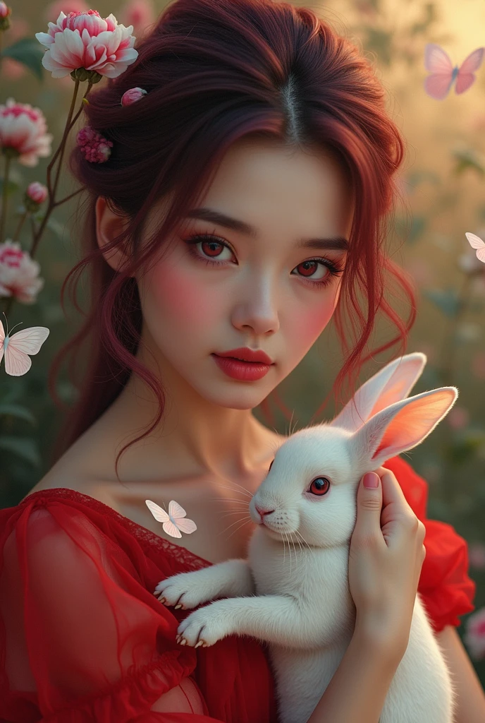 Detail, realism, 4k, , face detail, red eyes, plump lips, upturned nose, burgundyhair with pink strands, in a red dress, with a rabbit in her hands, flowers in the background, white butterflies in the foreground, realistic shooting, depth of field, soft forelight, glow, HDR (muted colors: 1.2), Canon RF 100mm F2.8L Macro IS USM
