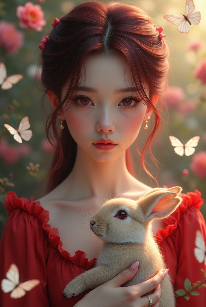 Detail, realism, 4k, , face detail, red eyes, plump lips, upturned nose, burgundyhair with pink strands, in a red dress, with a rabbit in her hands, flowers in the background, white butterflies in the foreground, realistic shooting, depth of field, soft forelight, glow, HDR (muted colors: 1.2), Canon RF 100mm F2.8L Macro IS USM