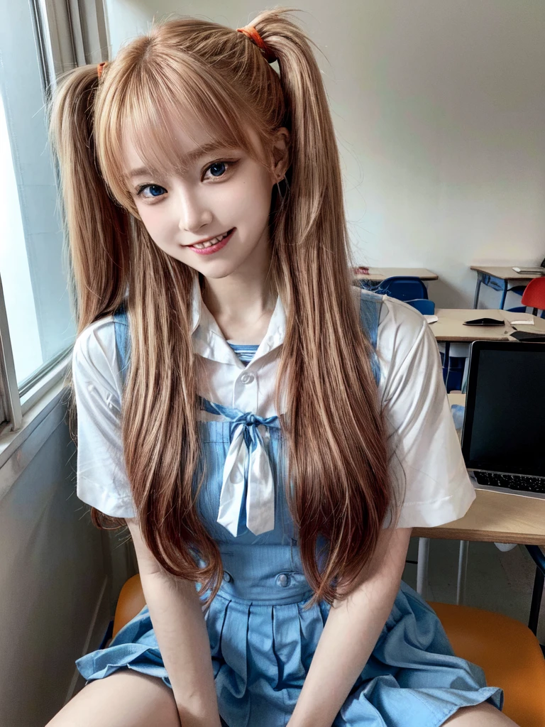 (8k, Highest quality, The pieces fly:1.2)、Ultra-high resolution、anime,1. Very cute,Asuka Langley,Highly detailed face, Fine grain,blue eyes,,White sailor collar plain short sleeve shirt,Light blue skirt,Light blue suspenders,uniform_Red ribbon,Orange Hair,Long Hair、Detailed hand and fingers,put your hands in your hair,Grin、sitting on desk,Shooting from above,classroom