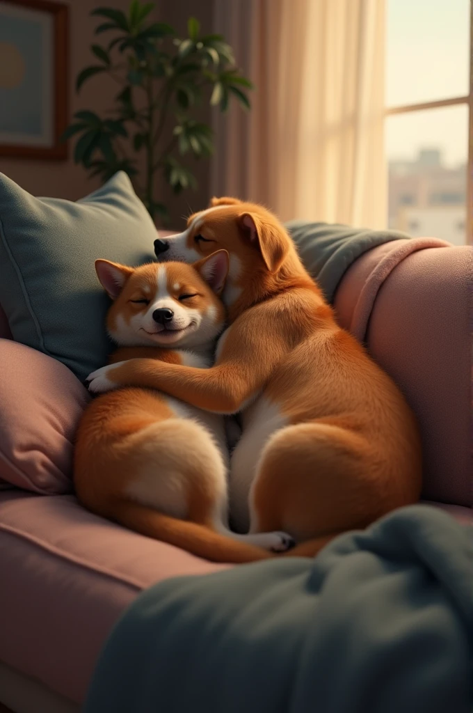 Final Cozy Scene:
Prompt: "A final shot of Bella and Max napping peacefully together on the couch. The room is softly lit, creating a warm and cozy atmosphere."