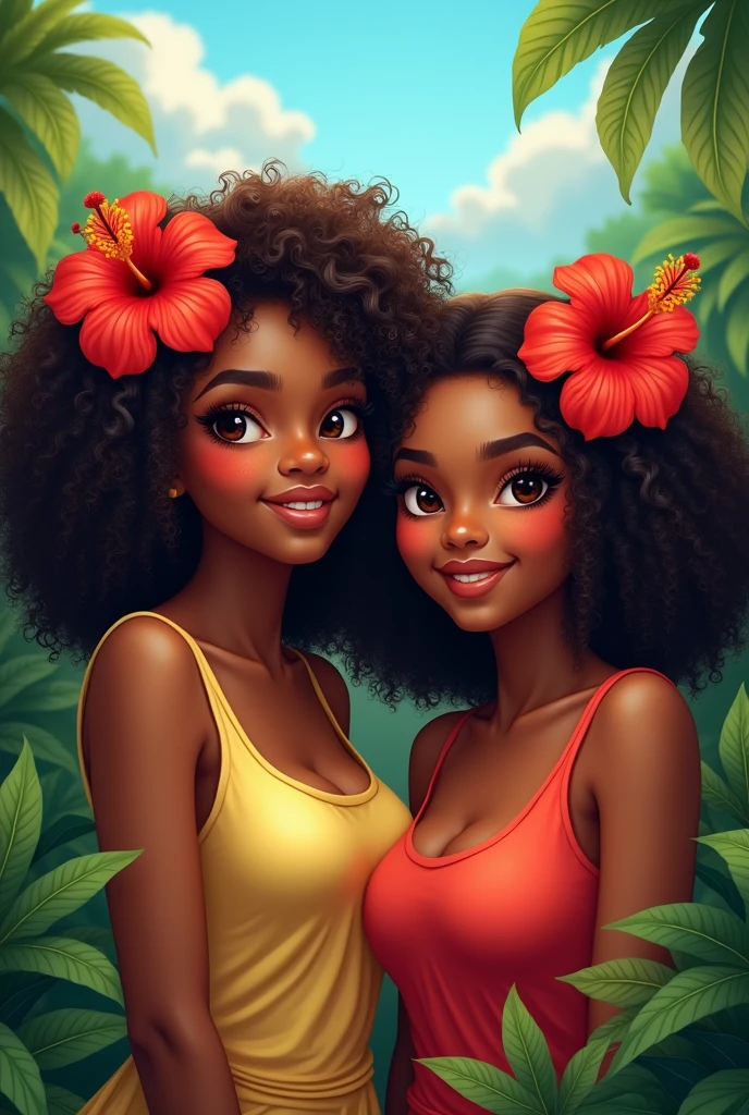 two brown skin girls with hibiscus in their curly hair