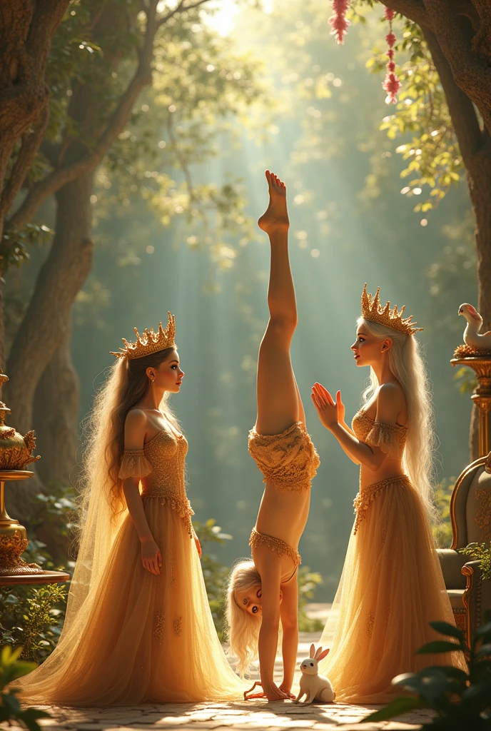 "A full-body shot of a realistic fairytale scene in a magical palace in a beautiful magical forrest bathed in sunlighting. Beautiful pastel colour pallette. A fairy queen 1 with realistic bright blue eyes, golden extra long hair, doing hand stand with a careless expression, wearing a thin blue/green dress, sits in a thin white gold thrown. Her rose-gold delicade fairy-crown, is hanging by the ends of her hair 1:1. A Fairy queen 2 with golden-brown long curly hair in a thin light blue dress is standing by clapping her hands, looking at fairy queen1 with staring thorough detaled blue bright eyes and shocked look with open mouth, perfect shaped pearly white teeth and pursed lips. Singing fairy3 with a long white hair in a sheer golden wet transparent dress outfit, big breasts, thin waist, big butt, looks provocative with her mouth almost sedusive at fairy queen 2 laughing, Elf king is sitting on a royal chair in a elfie chlothes. A white rapid sits in on a decorative dining table1:1, while a rainbow colored bird perches on the top of the thin thrown. The scene includes a messy fairy queens in a beautiful and magical forrest palace. The vast environment paints a magical but weird admosphere. Best hands 1:1, super realistic hair 1:1, hyper realistic eyes 1:1, extra detailed delicate moist skin, most detaled and realistic face 1:1. A realistic stage with thorough details and clear focus on the queens. (Perfect feet, hands and arms and legs and toes. (Not to many arms or legs. (No missing limps)))