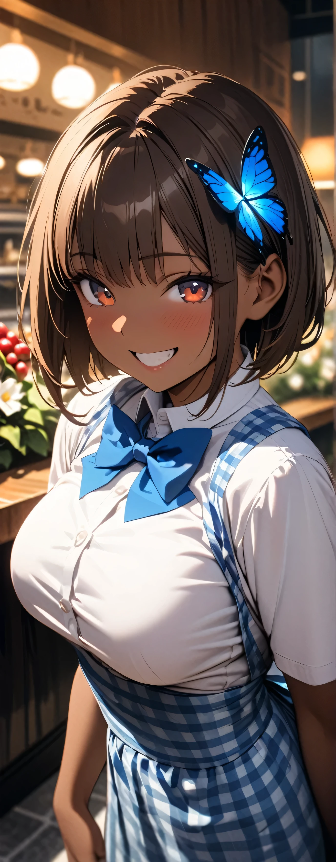 (Beauty: 1.3),One person,masterpiece, Highest quality, Ultra-high resolution,Rich contrast,super high quality,8k,Highly detailed CG unit wallpaper,texture,Unbelievably absurd,Ultra-high resolution,RAW Photos,Depth of Field 1.2,crew, blue bow, blue bowtie, white shirt, short sleeves, blue skirt, blue apron, gingham apron, employee uniform, high-waist skirt, waitress,(Brown Hair,Sharp bob,Berry Short),happy,tsurime,Very fine eye,bigeyes,looking pleasured,((Brown Skin)),Dazzling Light,Flower Field,Big smile,I have flowers,Flower Hair Ornaments,butterflies in flowerbed,Flower Field,Large Breasts