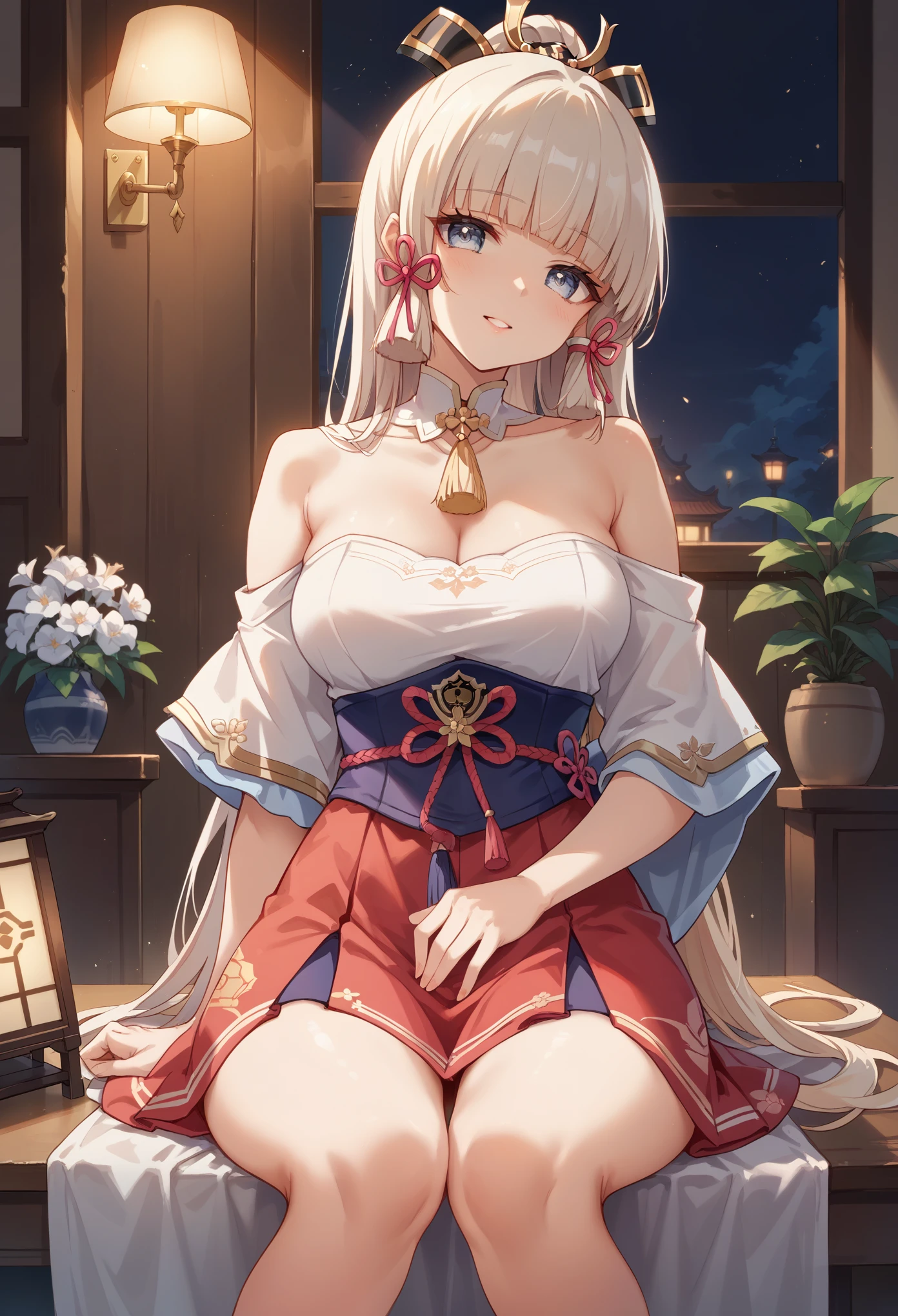 a woman sitting on a table with a lamp and a vase, anime goddess, beautiful alluring anime woman, seductive anime girl, cushart krenz key art feminine, 8k high quality detailed art, cute anime waifu in a nice dress, ((a beautiful fantasy empress)), ayaka genshin impact, 2. 5 d cgi anime fantasy artwork