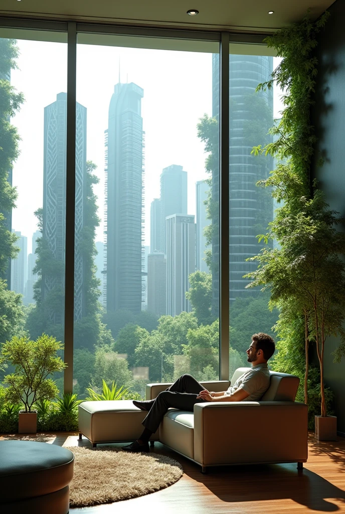 Man sitting on his couch in his modern penthouse, large glass windows with a view of other high-rise buildings which are all green