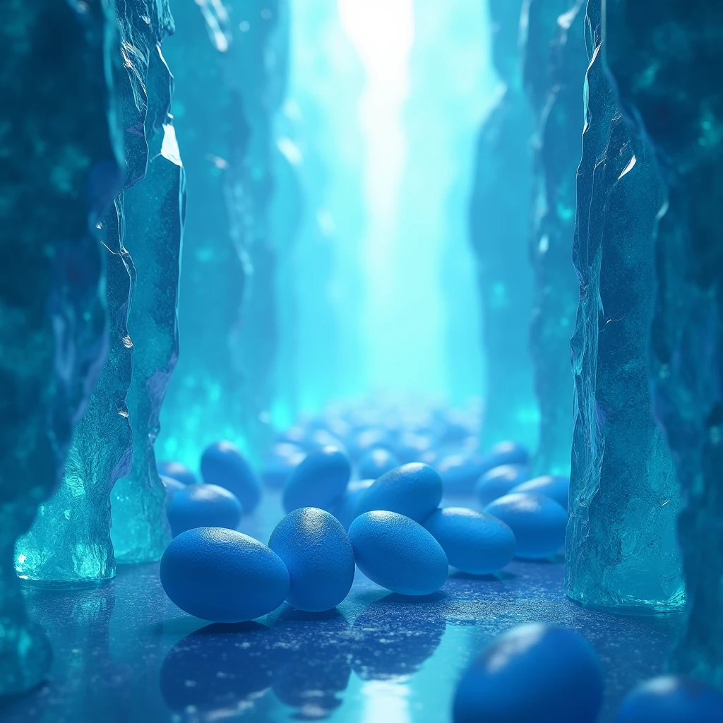 Make me an ultra realistic image, a blue crystal chamber where there are several dragon eggs