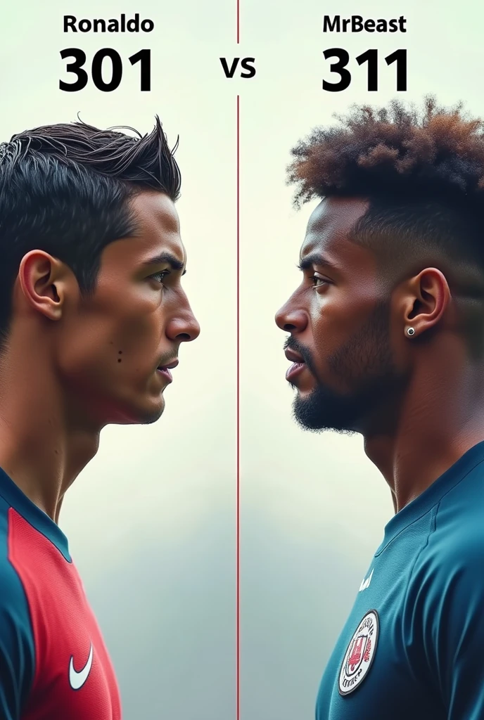 A side-by-side comparison of Cristiano Ronaldo and MrBeast, with their subscriber counts displayed. Cristiano's numbers are rising rapidly, hinting at him catching up to MrBeast's 311 million subscribers. Both are see to different side and his subscribers
Key Elements:Ronaldo and MrBeast facing offSubscriber counts displayedA rising graph showing Ronaldo’s growth