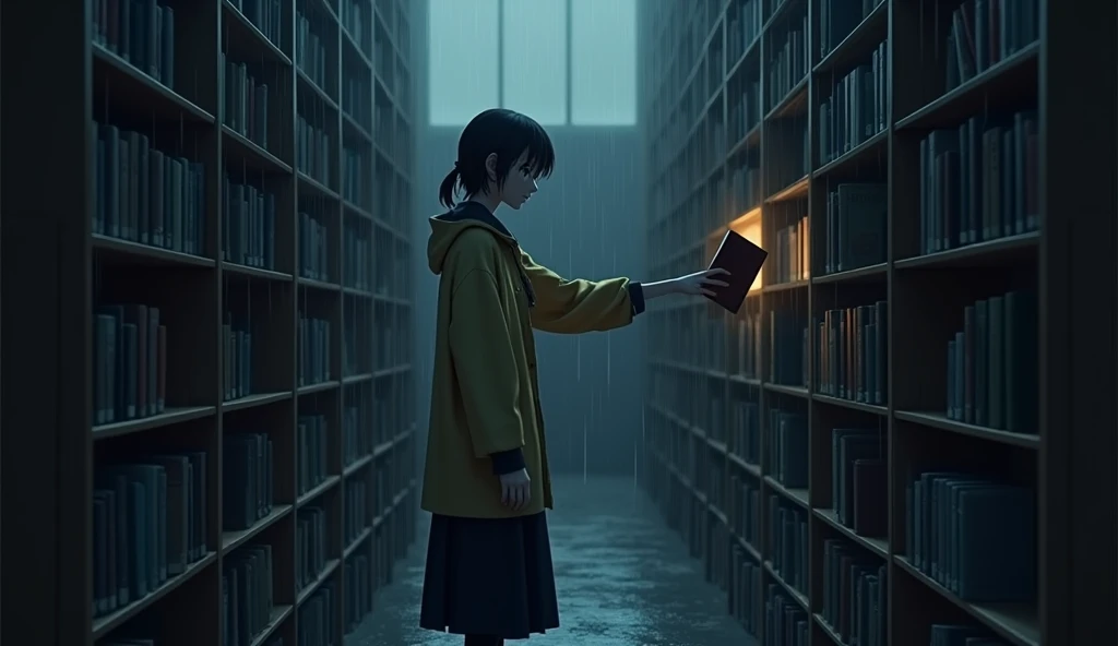 In the evening, with traces of rain still remaining, in a library that was quiet as the sun set, on a bookshelf against the wall, there was a strange book placed in disorder in the middle of the bookshelf. A woman wearing a long-sleeved sweater similar to a raincoat and a school uniform underneath, with a long black skirt, walked over to take a look and reached out her right hand to grab the book.